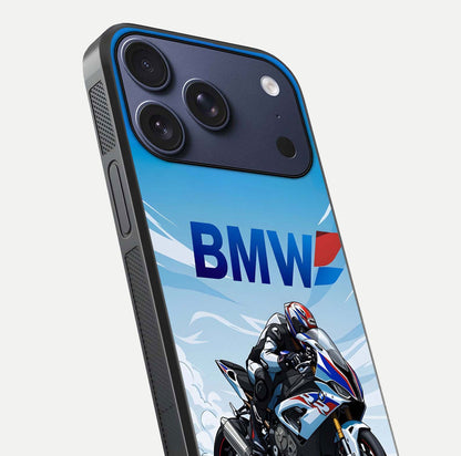 BMW Power Drift Glass Case for iPhone 17 Pro close-up view highlighting motion streaks and gloss shine