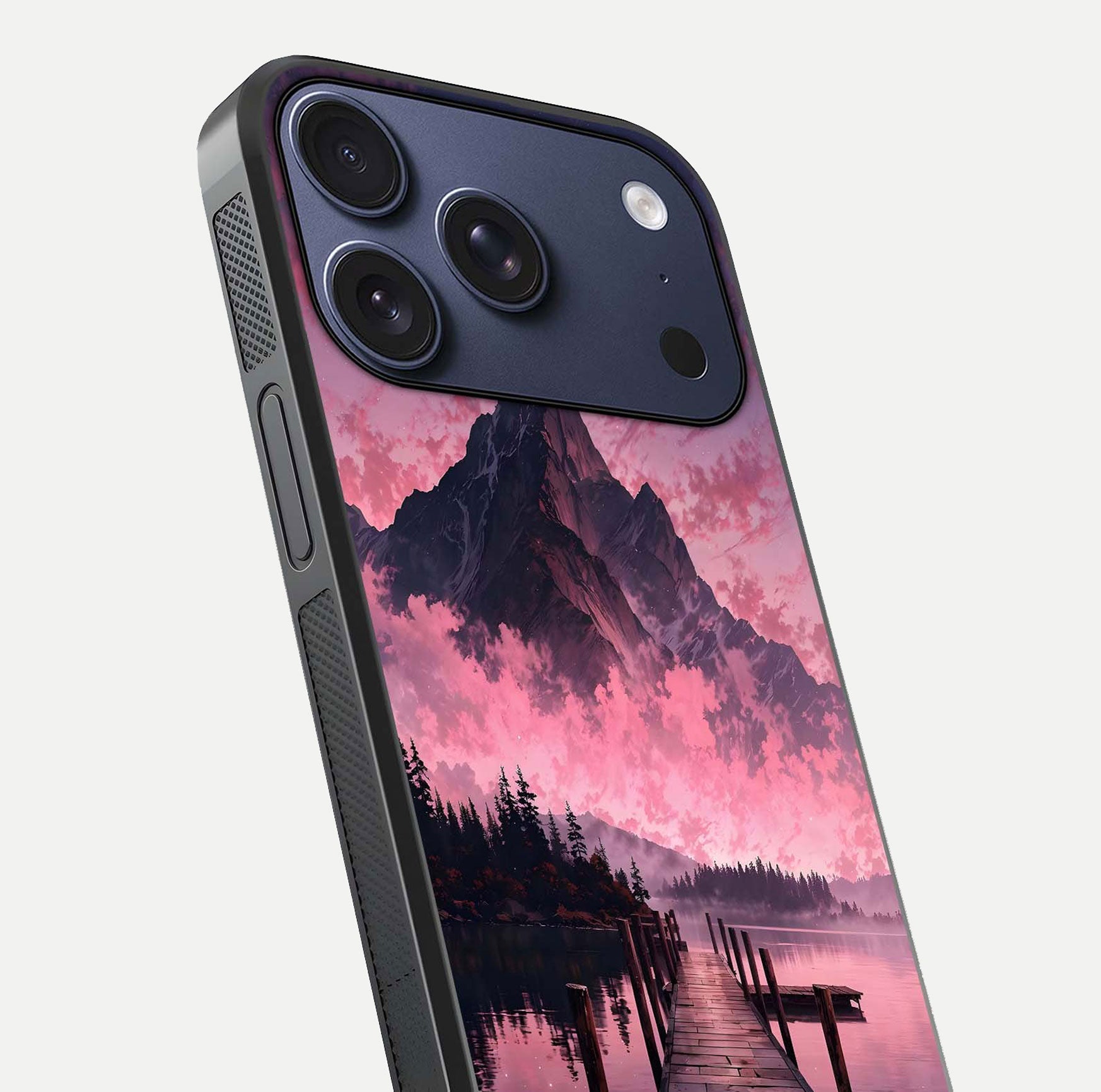 Beautyful Mountain View Glass Case for iPhone 16 Pro close-up angle highlighting landscape details and shine