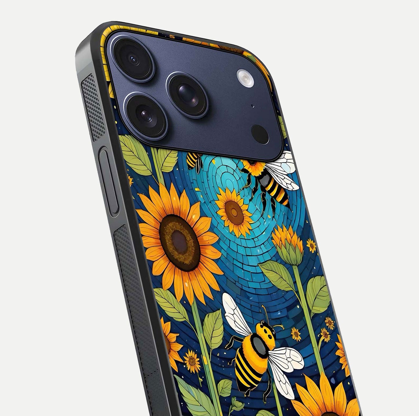 Bees & Sunflowers Glass Case for iPhone 16 Pro close-up angled shot showing detailed petals, bee prints, and glass reflection