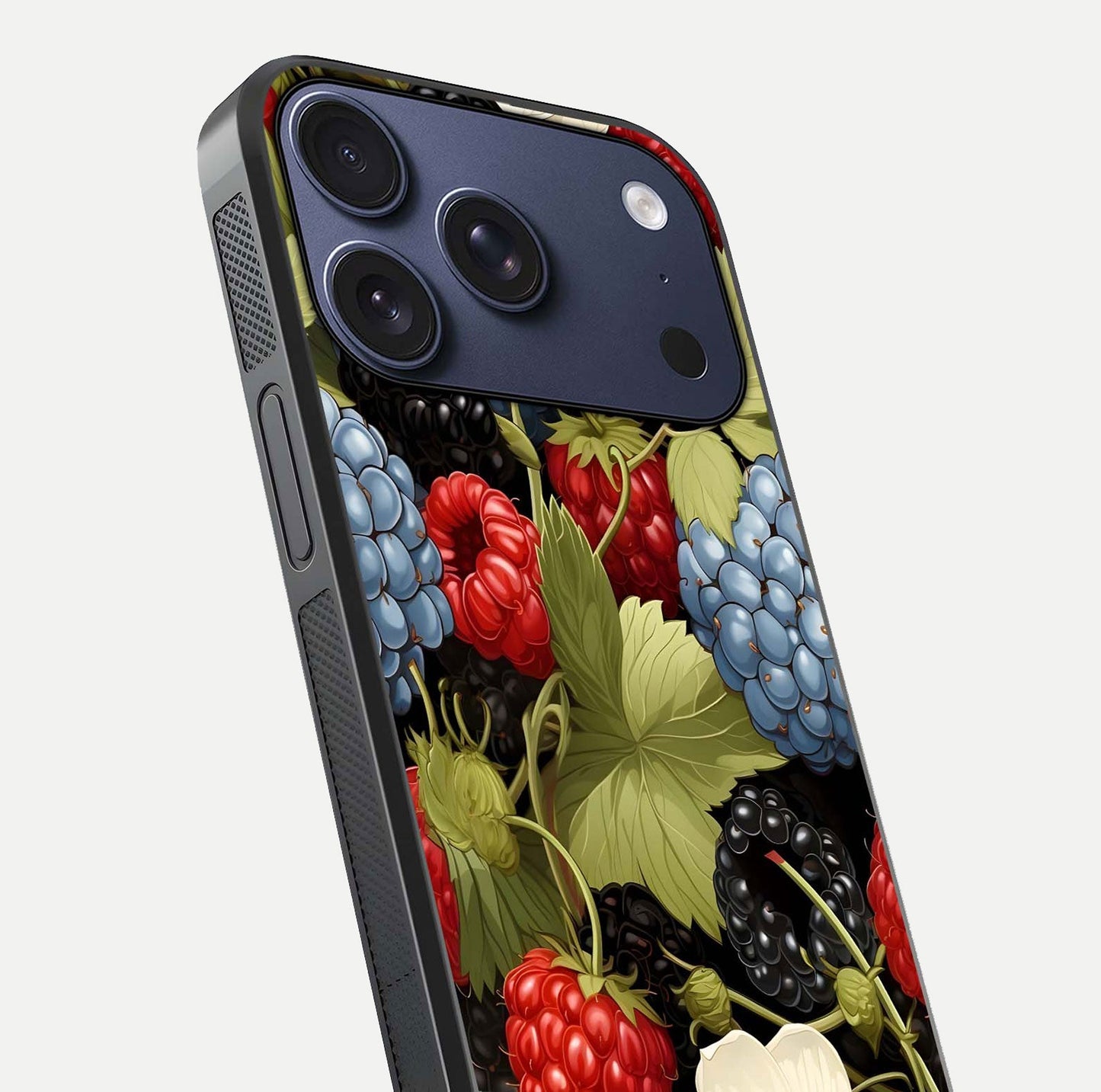 Berry Bloom Charm Glass Case for iPhone 17 Pro close-up view highlighting berry color tones and fine petal detailing