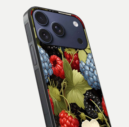 Berry Bloom Charm Glass Case for iPhone 17 Pro close-up view highlighting berry color tones and fine petal detailing
