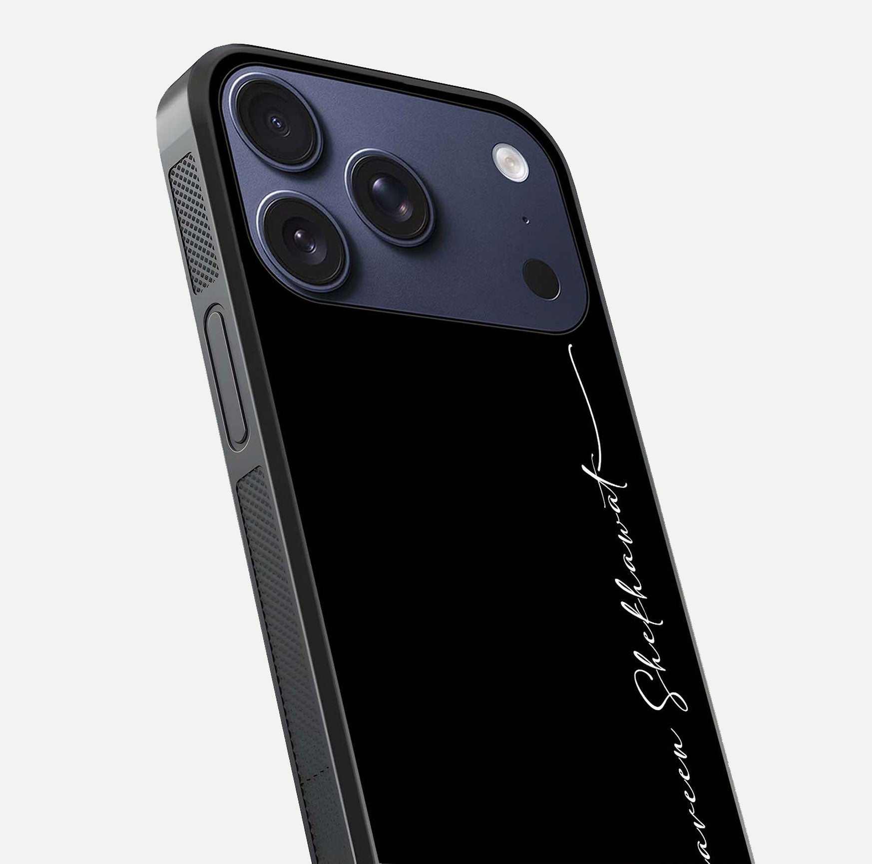 Black Tune Custom Name Glass Case for iPhone 16 Pro close-up shot highlighting sleek monochrome design and reflection