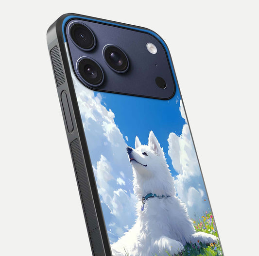 Blissful Cloud Pup Glass Case for iPhone 17 Pro close-up image highlighting puppy details and glossy reflection