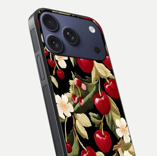 Bloom Thread Art Glass Case for iPhone 17 Pro close-up view highlighting fine line details and glossy shine
