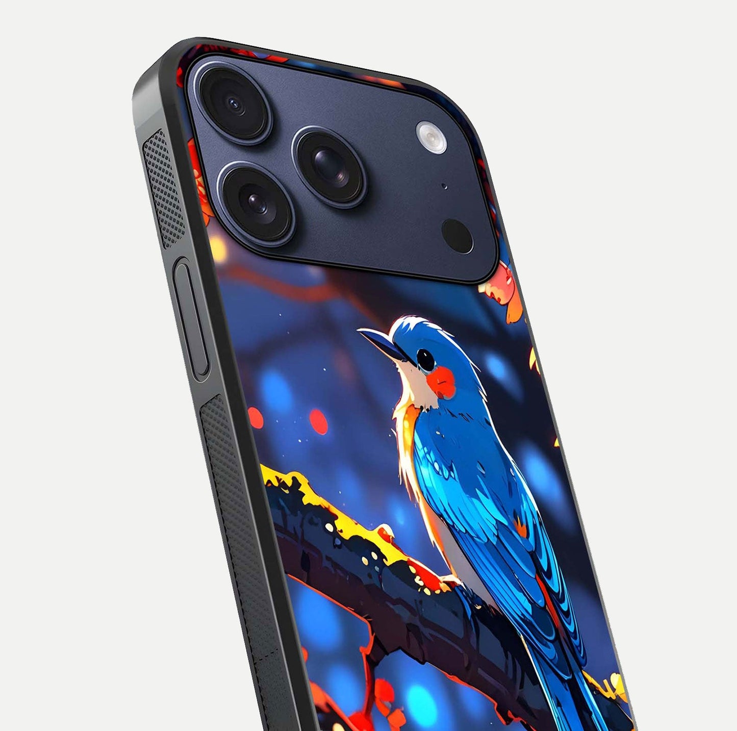 Blooming Spendor Bird Glass Case for iPhone 17 Pro close-up shot highlighting bird design details and glossy shine