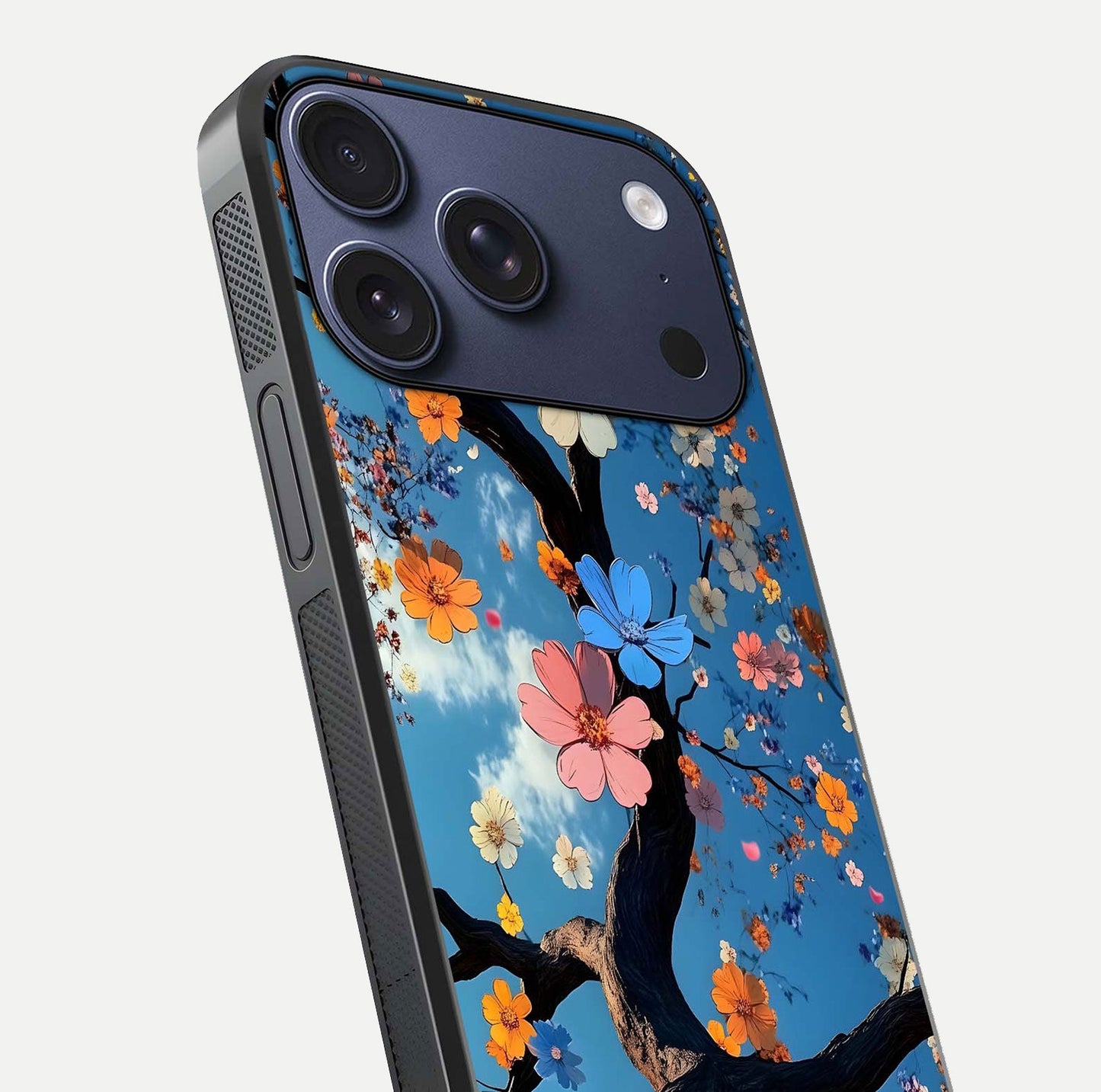 Blossom Dream Sky Glass Case for iPhone 17 Pro close-up shot highlighting dreamlike clouds and pink blossoms