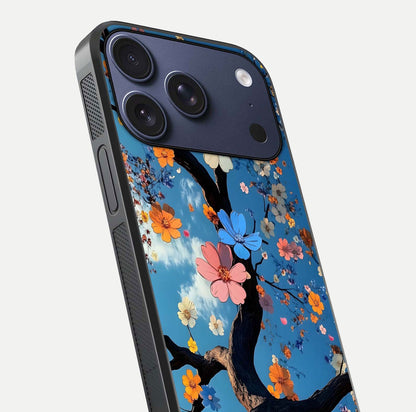 Blossom Dream Sky Glass Case for iPhone 17 Pro close-up shot highlighting dreamlike clouds and pink blossoms