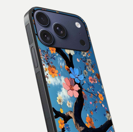Blossom Dream Sky Glass Case for iPhone 17 Pro close-up shot highlighting dreamlike clouds and pink blossoms