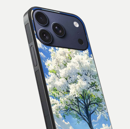 Blossom Sky Serenity Glass Case for iPhone 17 Pro close-up highlighting calming flower details and reflection gloss