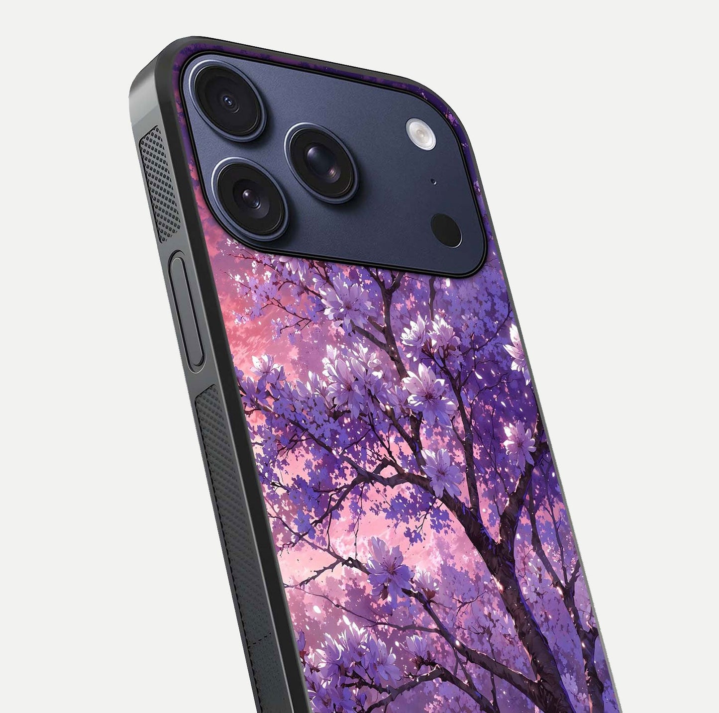 Blossom Tree Glass Case for iPhone 17 Pro close-up image highlighting tree branches, blossoms, and shine