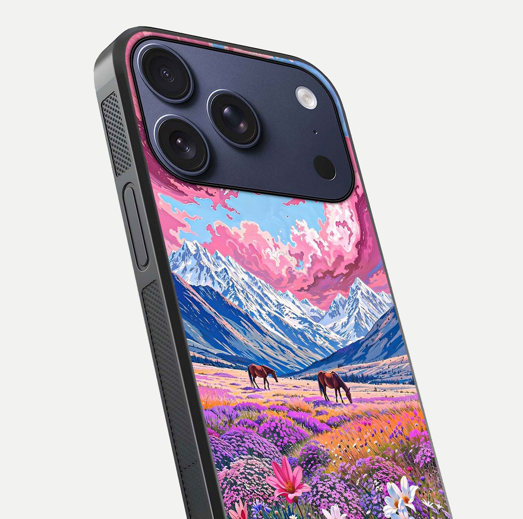 Blossom Valley Dream Glass Case for iPhone 17 Pro close-up view showing detailed flower print and pastel hues