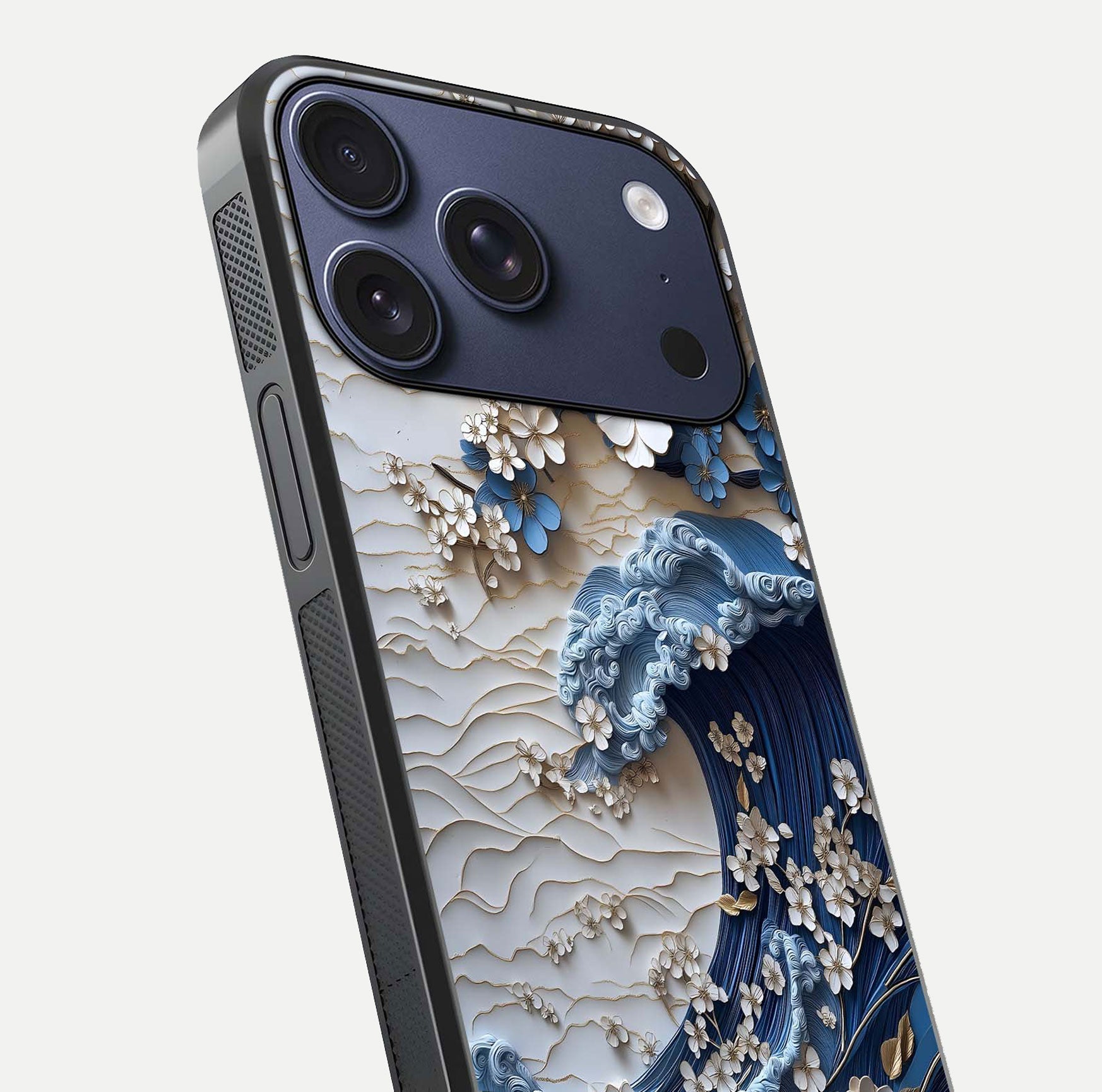 Blossom Wave Art Glass Case for iPhone 17 Pro close-up shot highlighting wave motion in floral art and reflection