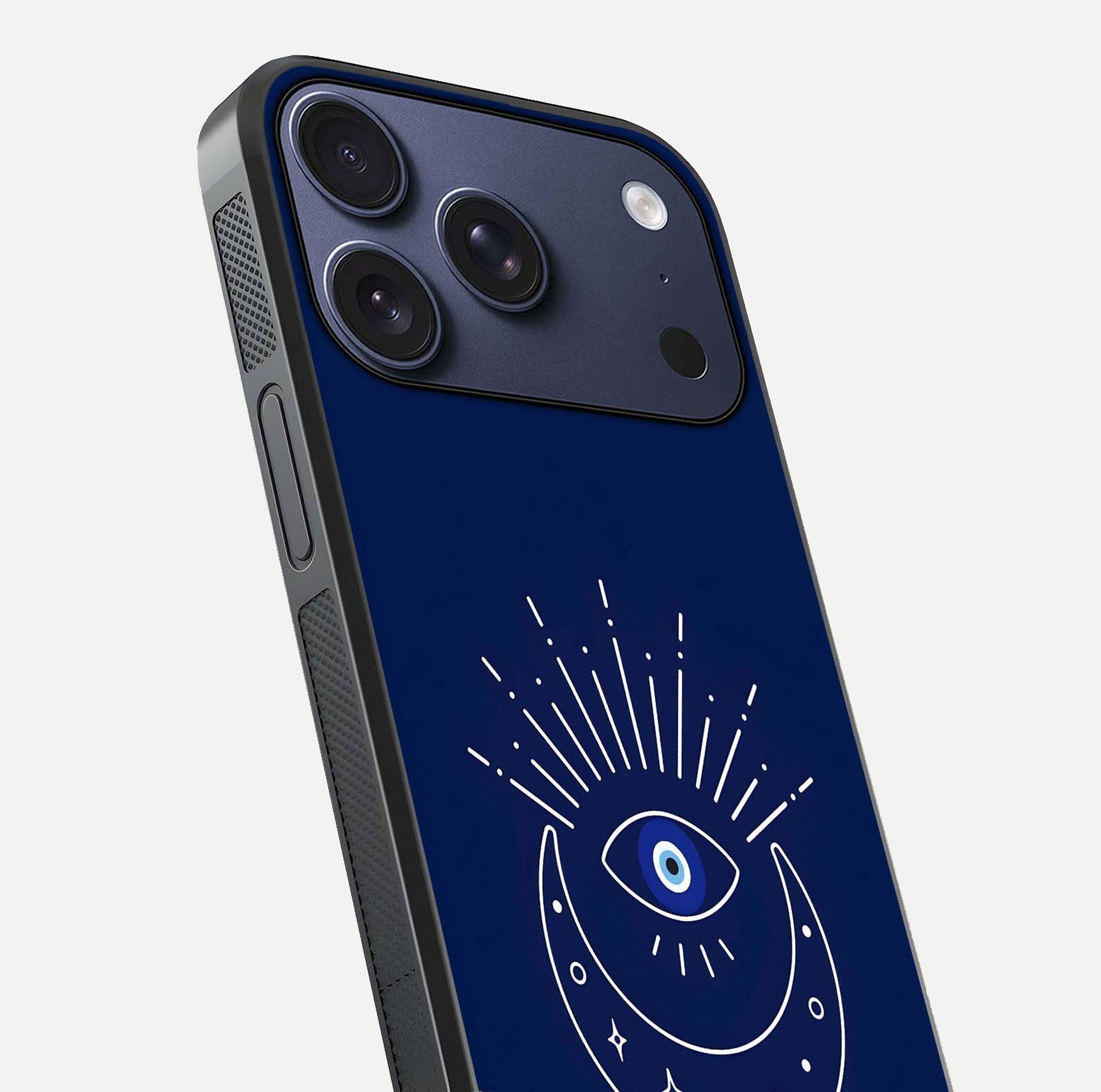 Blue Evil Eye Glass Case for iPhone 17 Pro close-up shot highlighting eye motif, protection symbol, and glass shine