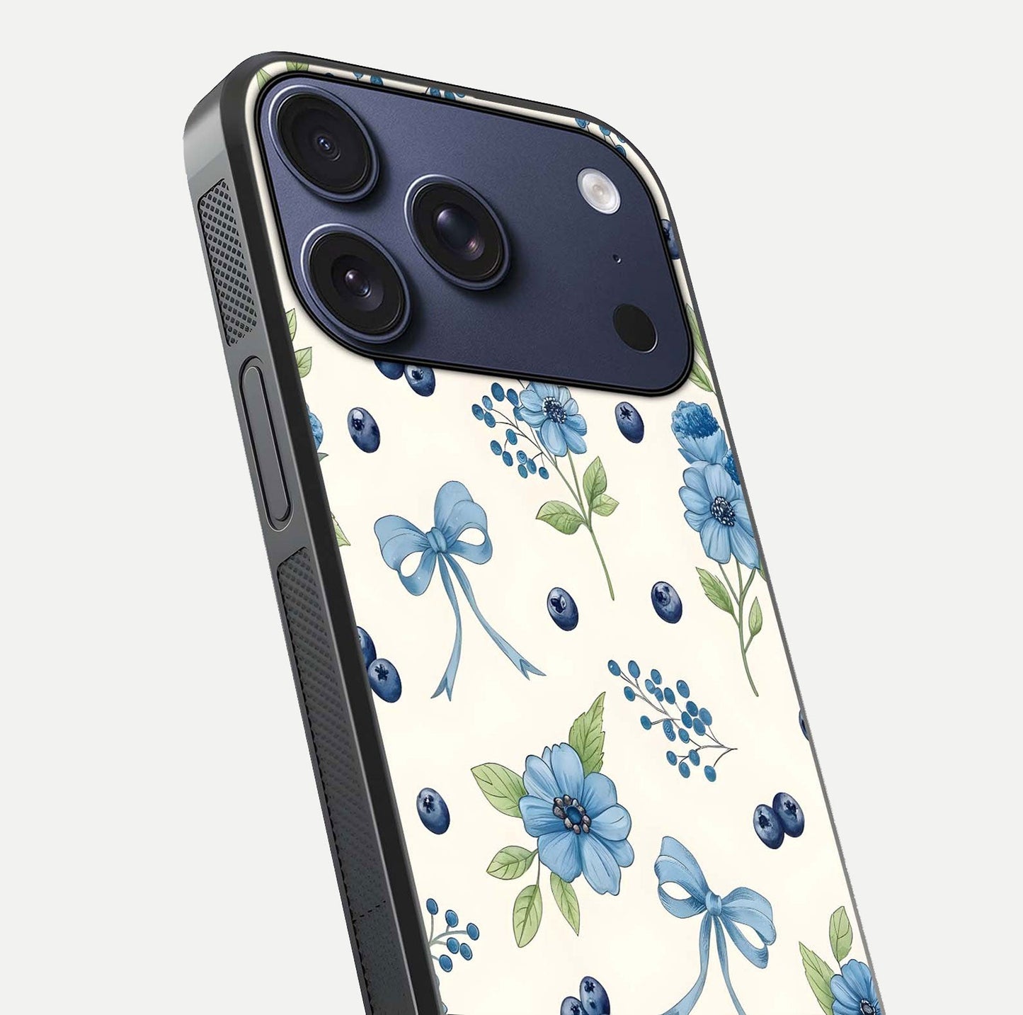 Blue Flower & Bow Glass Case for iPhone 17 Pro close-up shot highlighting ribbon detail and flower gloss finish