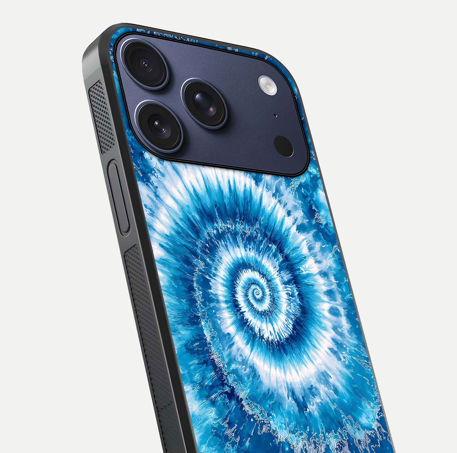 Blue Galaxy Wave Glass Case for iPhone 17 Pro close-up highlighting fluid wave motion and deep-blue reflection