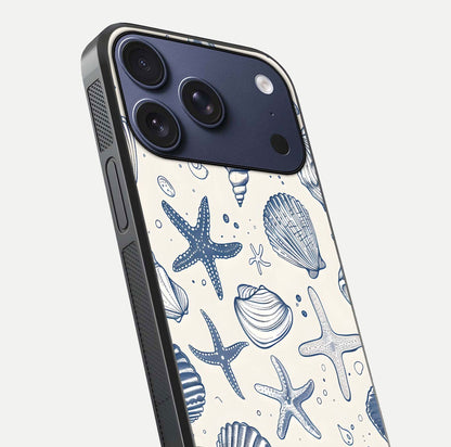 Blue Ocean Outline Glass Case for iPhone 17 Pro close-up shot highlighting line art details and reflection texture