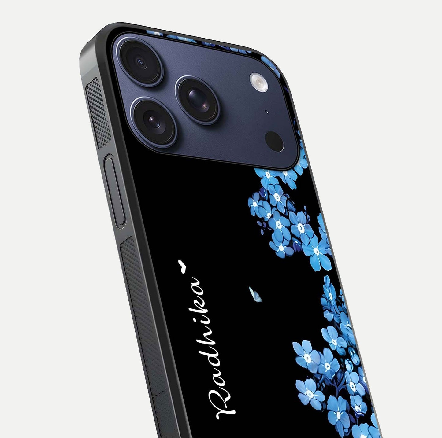 Blue Petal Dream Custom Name Glass Case for iPhone 17 Pro close-up highlighting petal texture and gloss reflection