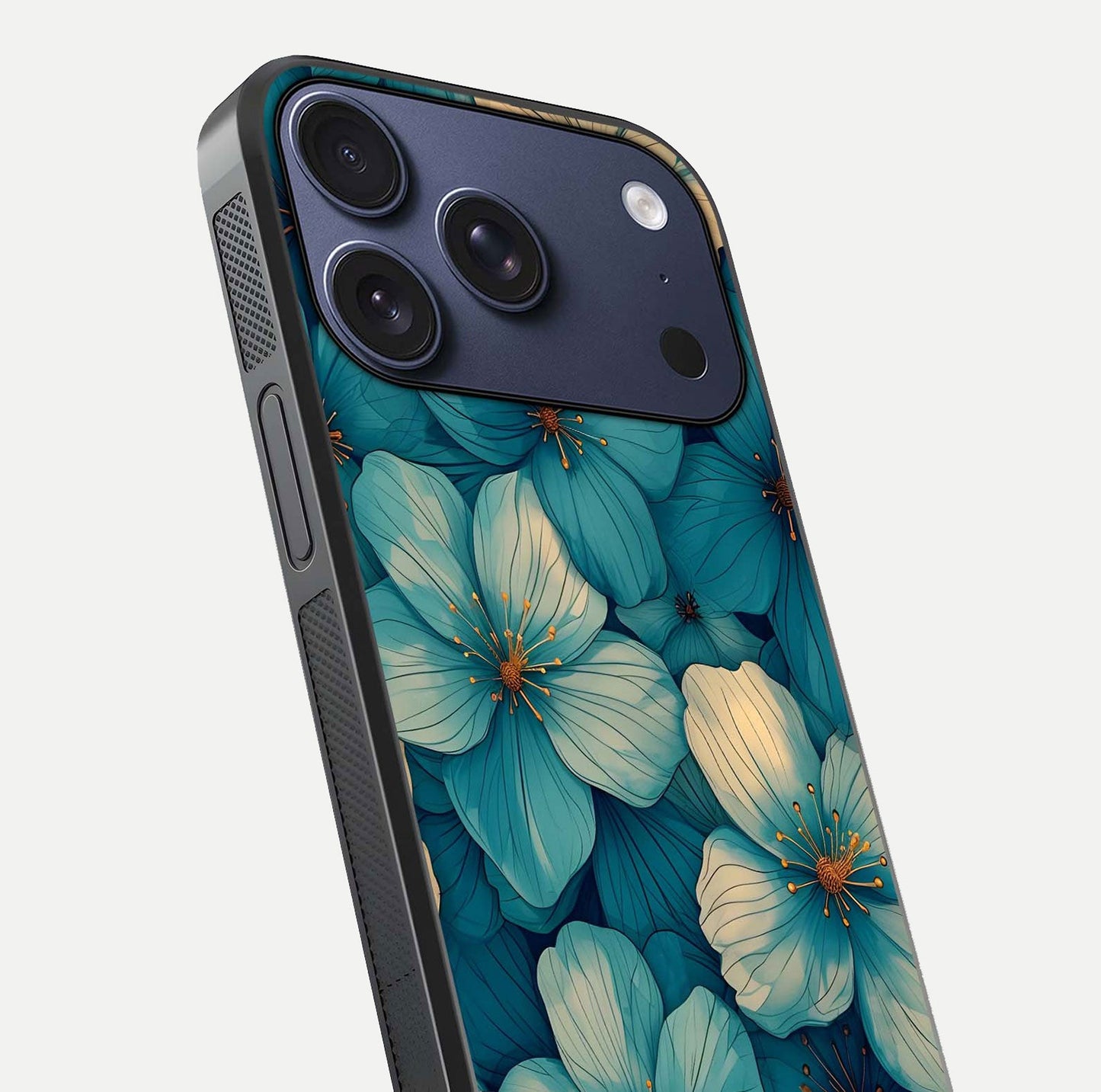 Blue Shade Floral Glass Case for iPhone 17 Pro close-up angle showing flower print precision and reflection