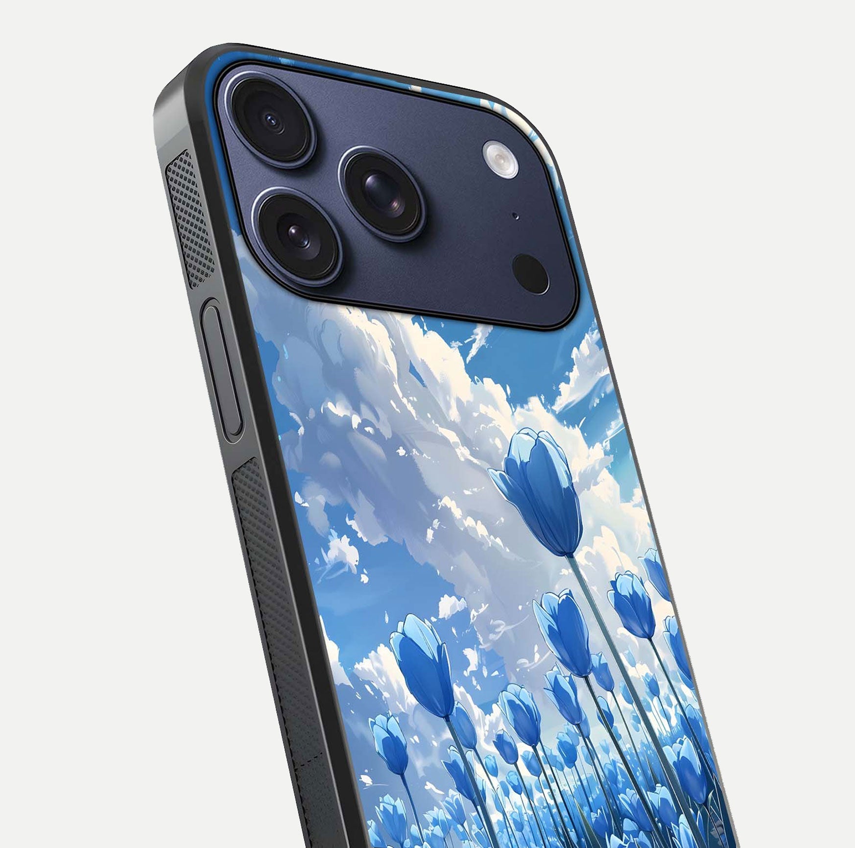 Blue Tulip Clouds Glass Case for iPhone 16 Pro close-up image highlighting tulip petals, clouds, and reflection texture