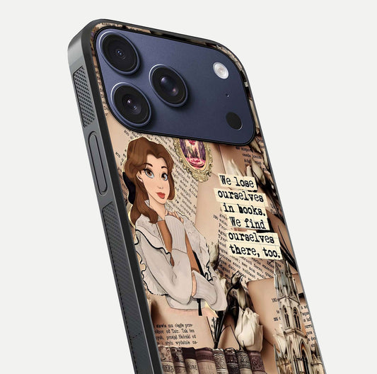 Bookish Dream World Glass Case for iPhone 17 Pro close-up shot highlighting book elements and reflection gloss
