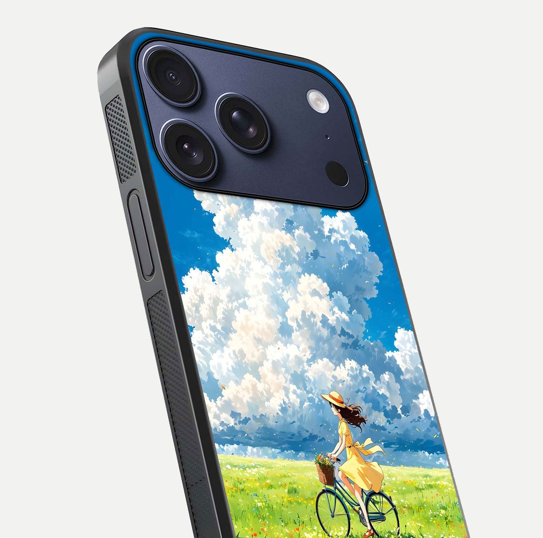 Breezy Meadow Ride Glass Case for iPhone 17 Pro close-up shot showing flowers and breezy motion texture