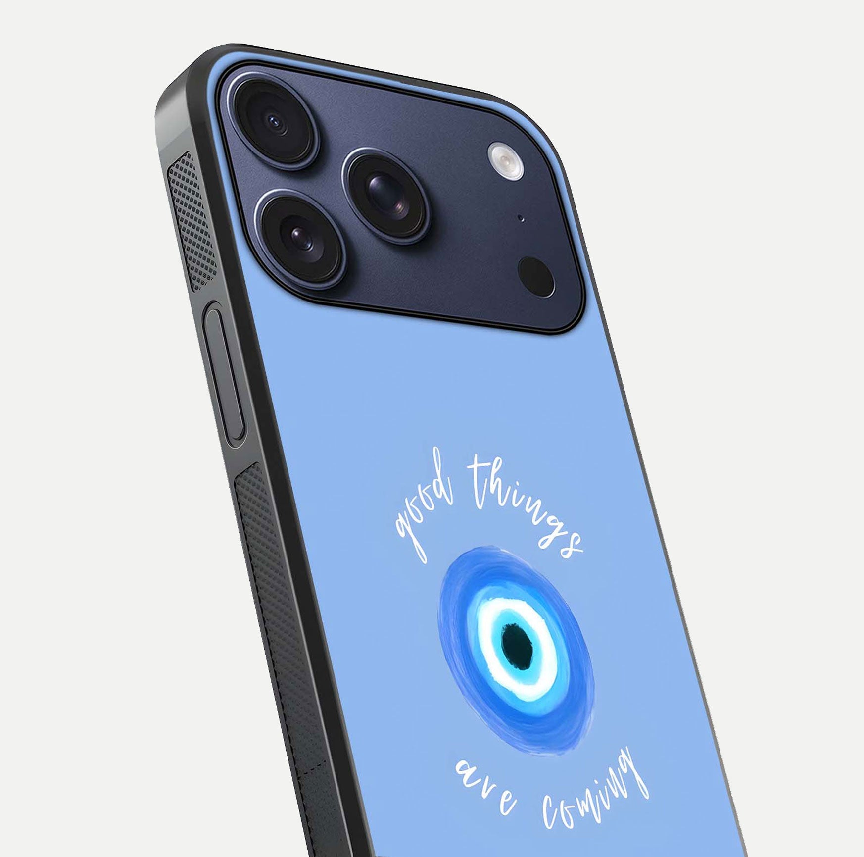 Bright Future Ahead Glass Case for iPhone 17 Pro close-up image highlighting bold quote text and HD reflection