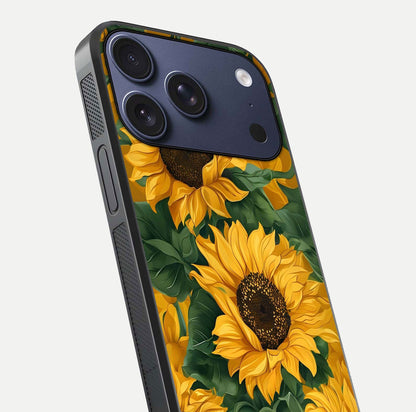 Bright Sunflower Bloom Glass Case for iPhone 17 Pro close-up image highlighting yellow petal detail and HD reflection