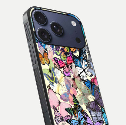 Butterflies Petal Dream Glass Case for iPhone 17 Pro close-up highlighting butterfly wings and pink petal gloss
