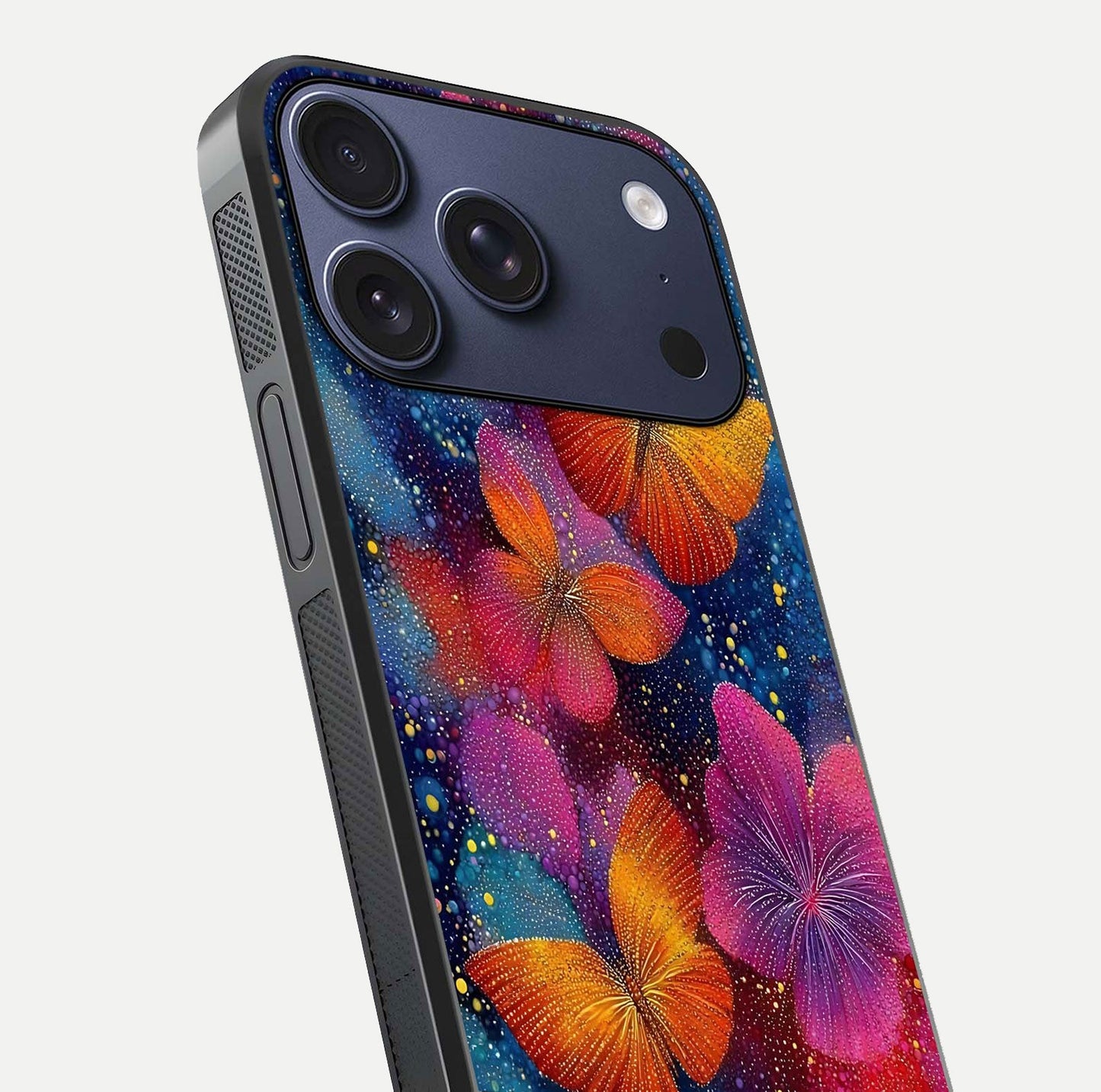 Butterfly Dream Mist Glass Case for iPhone 17 Pro close-up capturing wing pattern detail and glossy finish texture