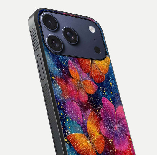 Butterfly Dream Mist Glass Case for iPhone 17 Pro close-up capturing wing pattern detail and glossy finish texture