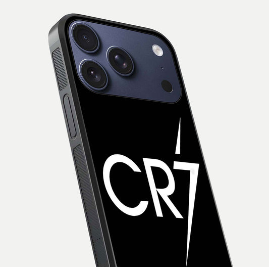 CR7 Elite Strike Glass Case for iPhone 17 Pro close-up highlighting CR7 artwork and shine reflection