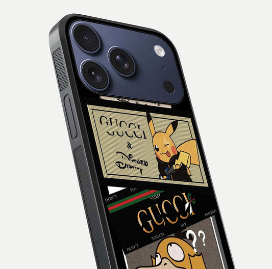 Cartoon Brand Play Mashup Glass Case for iPhone 17 Pro close-up angled shot showing character details and vibrant tones
