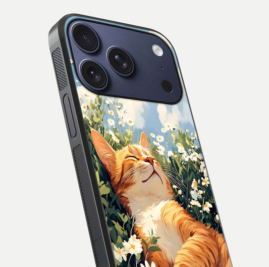 Cat & Flowers View Glass Case for iPhone 17 Pro close-up view highlighting cat expression and petal detail