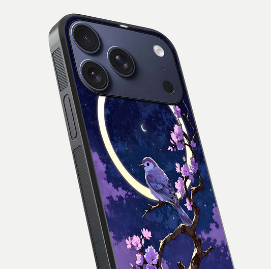 Celestial Bird Blossom Glass Case for iPhone 17 Pro close-up capturing bird detail, petal reflection, and gloss shine