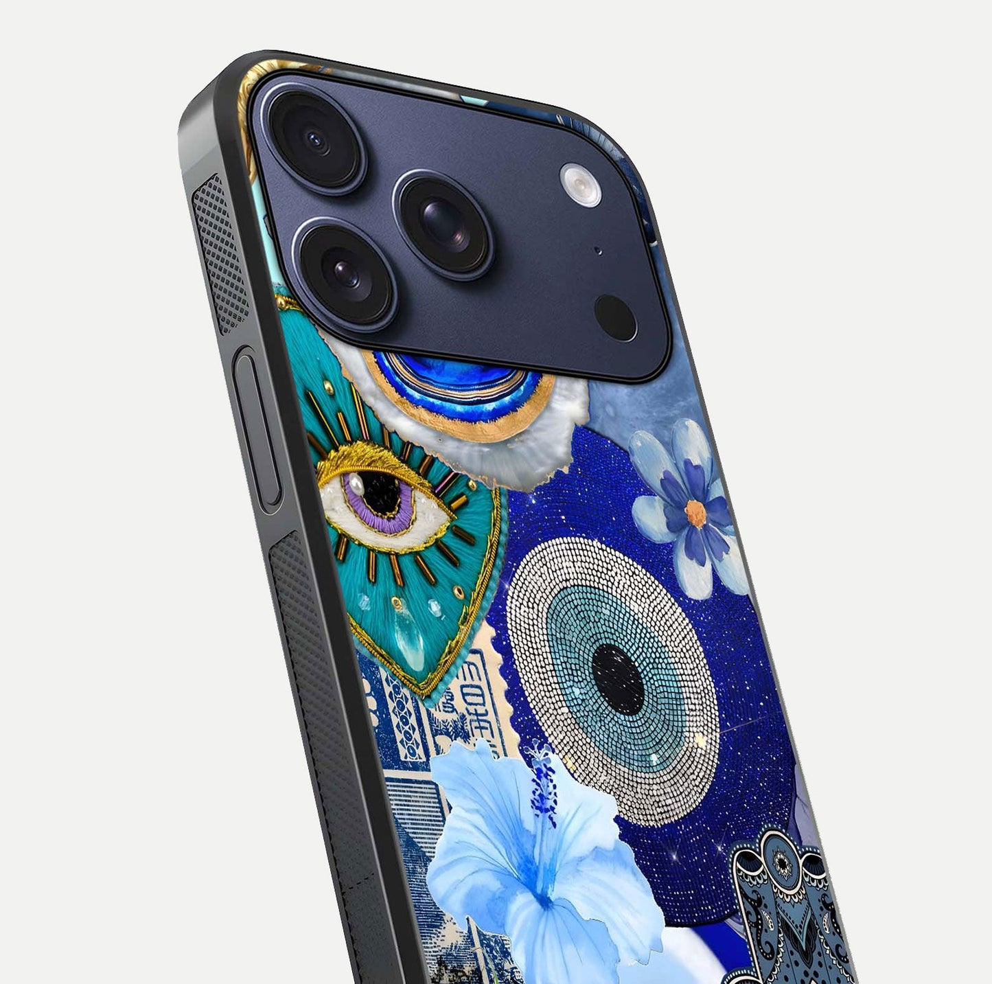 Celestial Blue Vision Glass Case for iPhone 17 Pro close-up shot highlighting reflection details and smooth edge polish