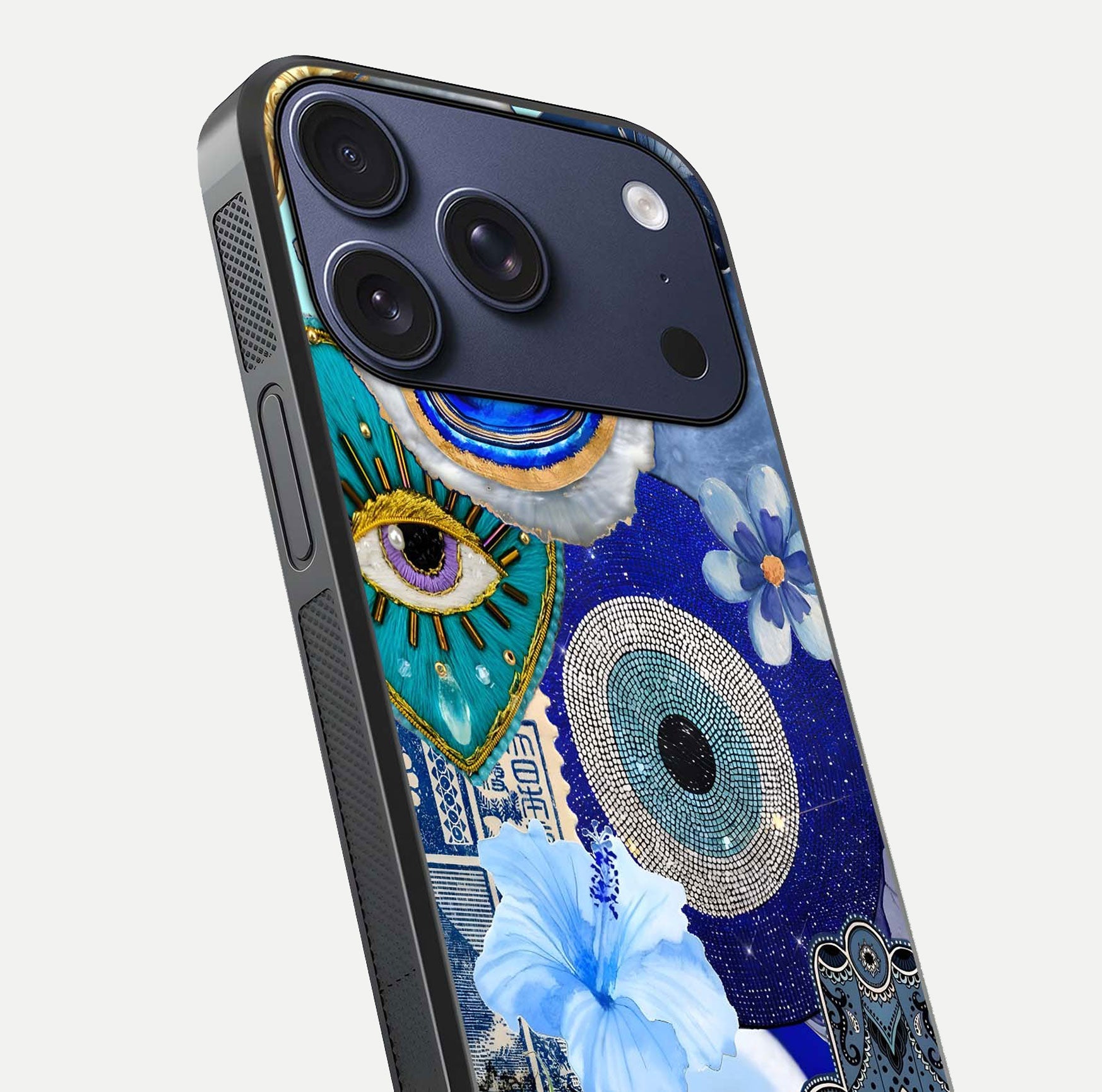 Celestial Blue Vision Glass Case for iPhone 17 Pro close-up shot highlighting reflection details and smooth edge polish