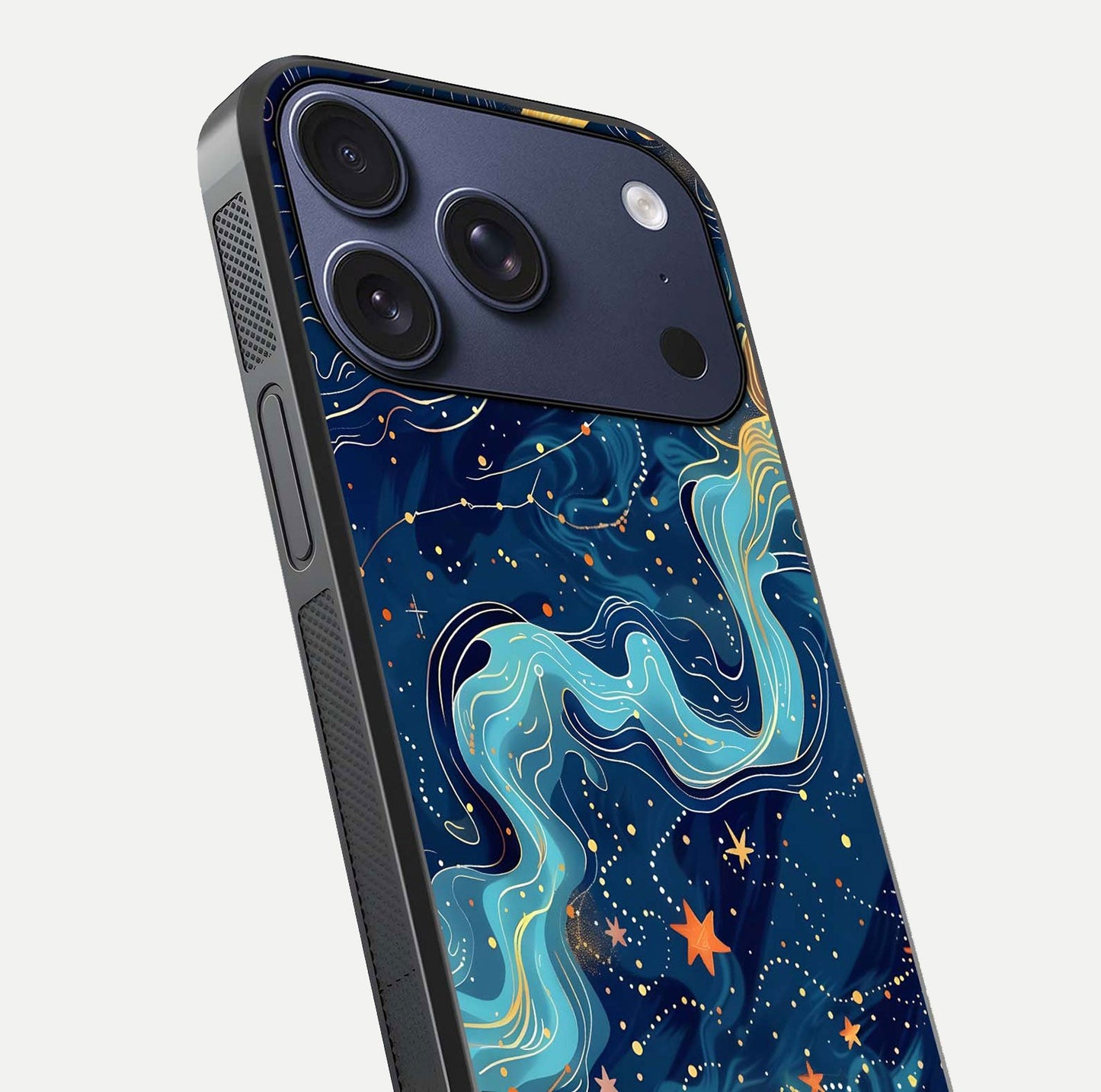Celestial Dream Flow Glass Case for iPhone 17 Pro close-up highlighting star reflections and smooth glow gradient
