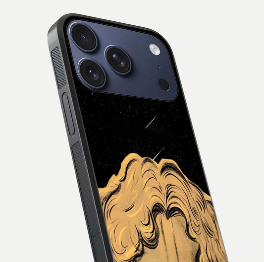Celestial God’s Plan Glass Case for iPhone 17 Pro close-up angled shot highlighting celestial details and reflection