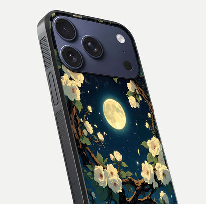 Celestial Moon & Flower Glass Case for iPhone 17 Pro close-up capturing petal reflection and moonlight contrast