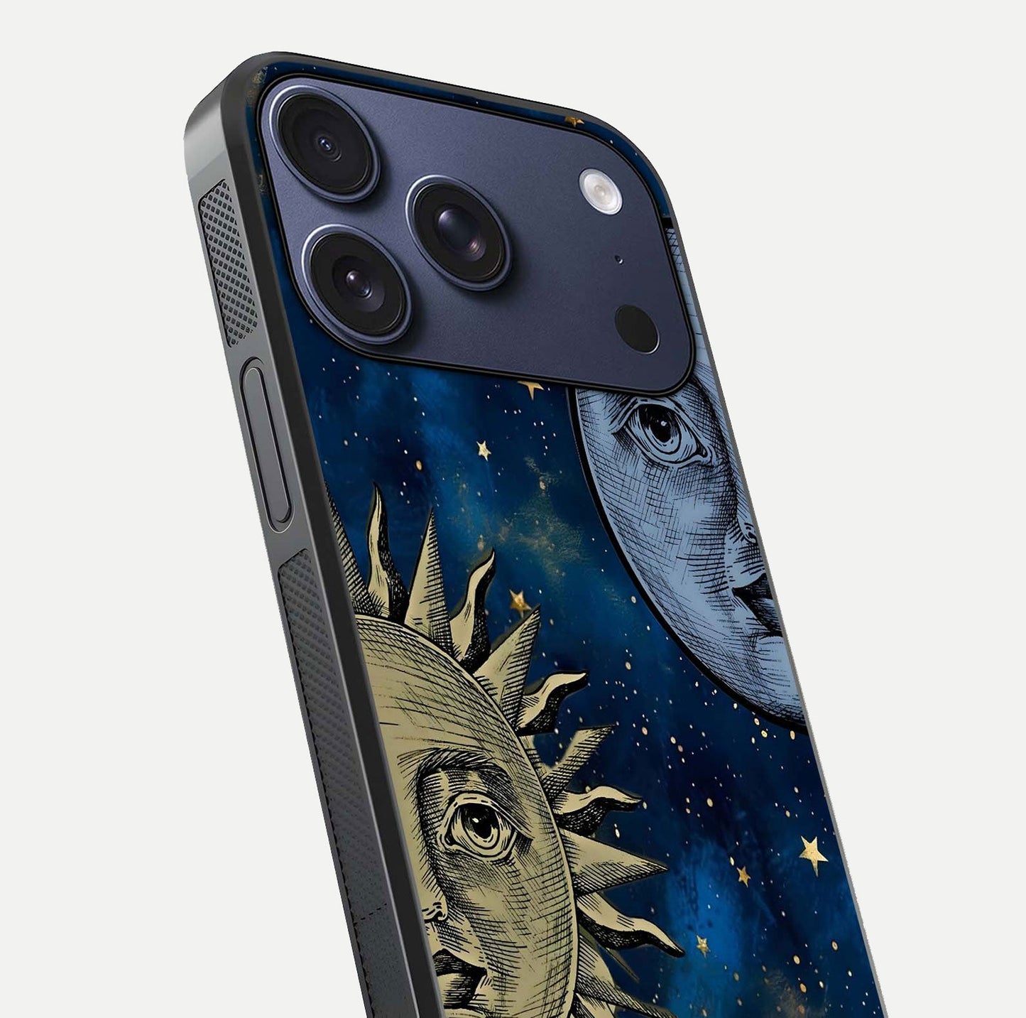 Celestial Moon With Sun Glass Case for iPhone 17 Pro close-up highlighting fine celestial detail and polish reflection