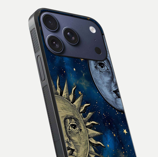 Celestial Moon With Sun Glass Case for iPhone 17 Pro close-up highlighting fine celestial detail and polish reflection