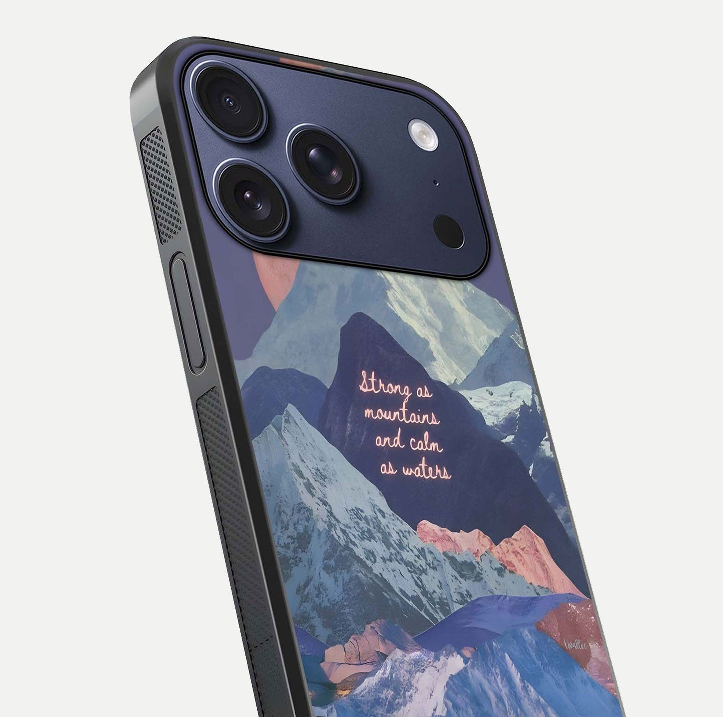 Celestial Mountain Calm Glass Case for iPhone 17 Pro close-up showing peak reflection and HD gloss texture
