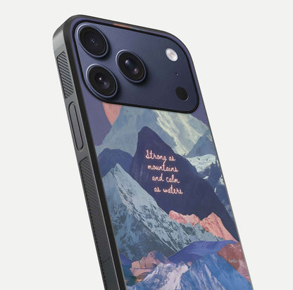 Celestial Mountain Calm Glass Case for iPhone 17 Pro close-up showing peak reflection and HD gloss texture
