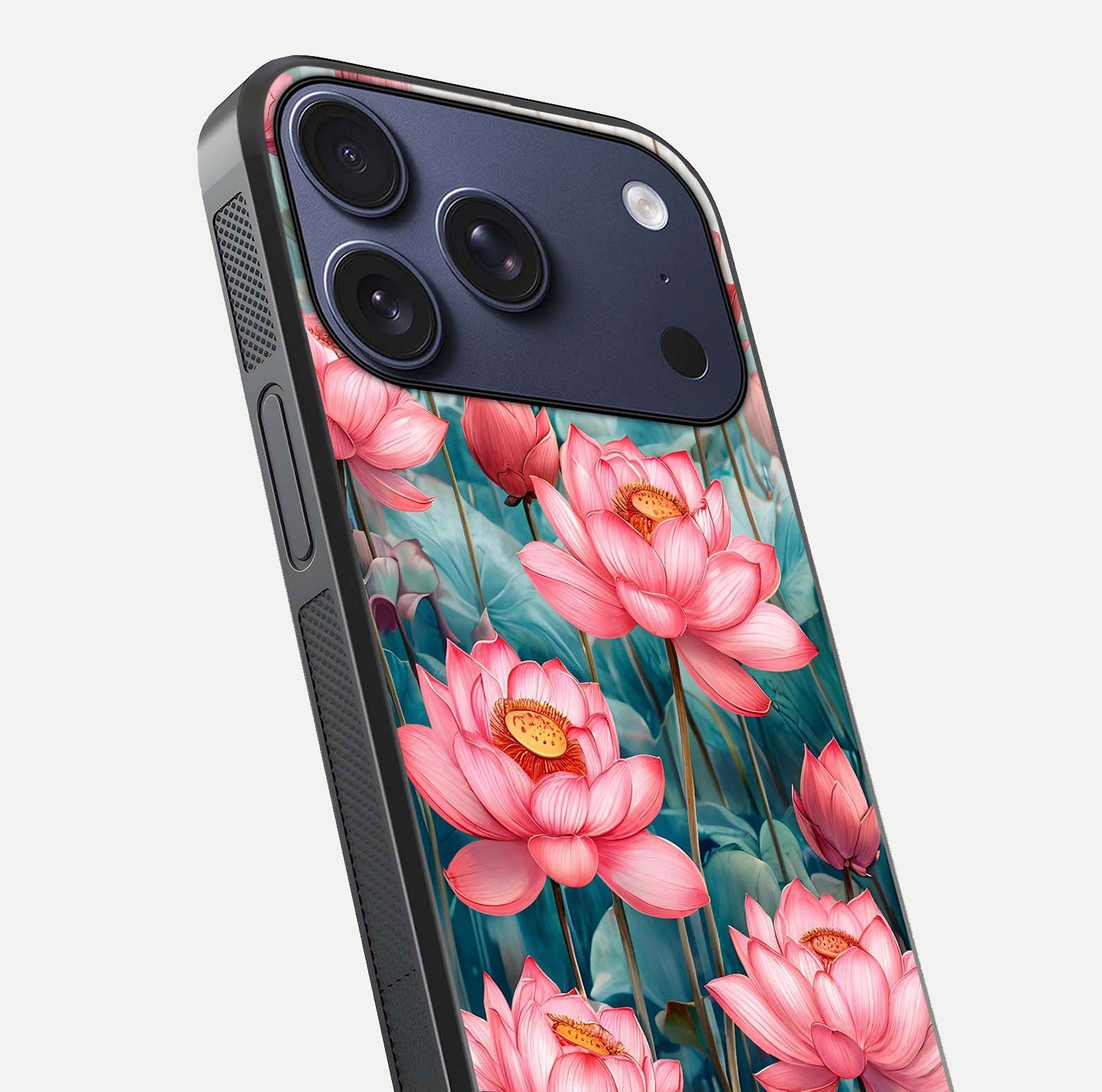 Celestial Pink Lotus Glass Case for iPhone 17 Pro close-up highlighting petal detail and HD glass reflection