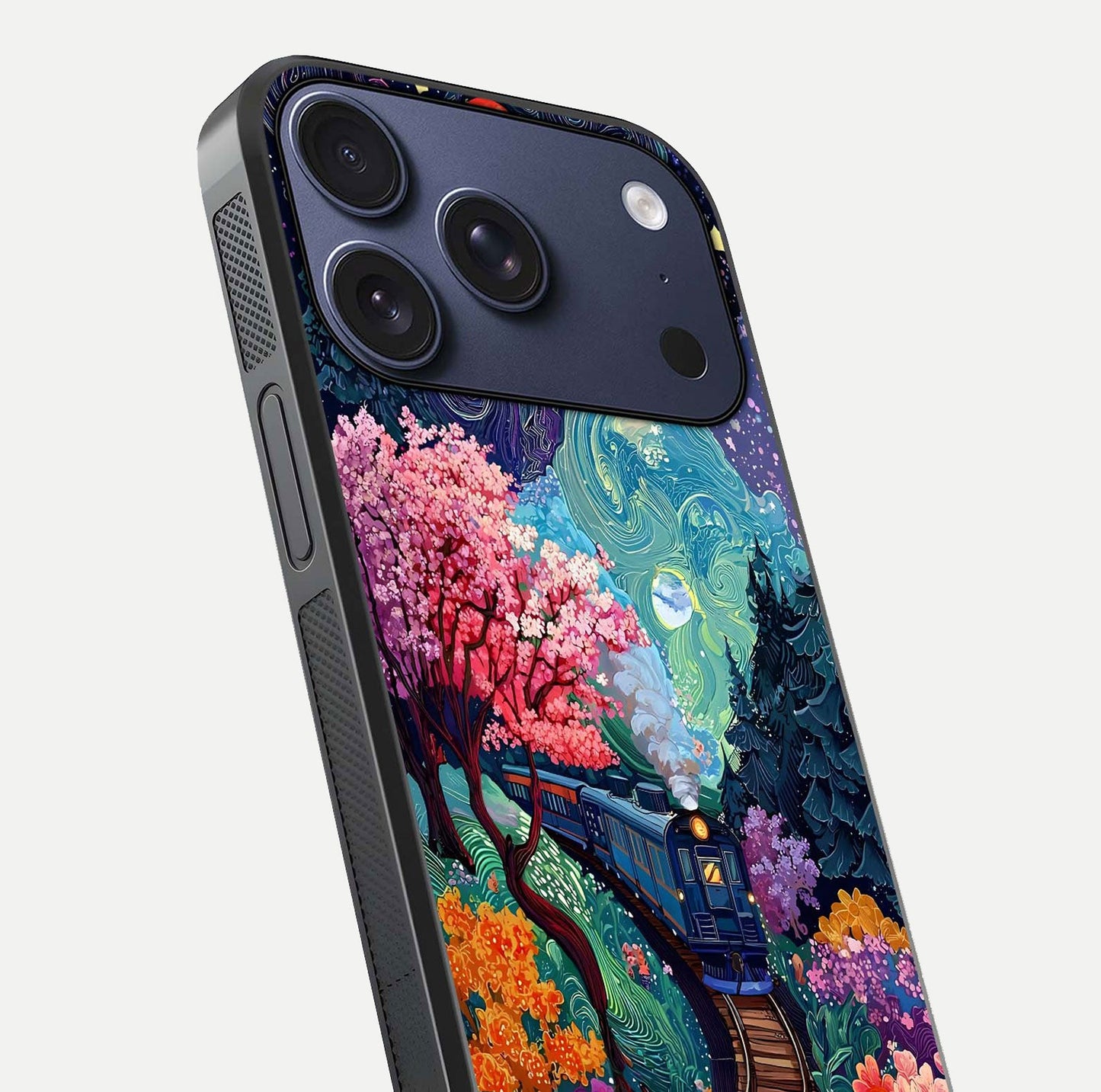 Celestial Train Journey Glass Case for iPhone 17 Pro close-up highlighting train lights, cosmic tones, and reflection detail