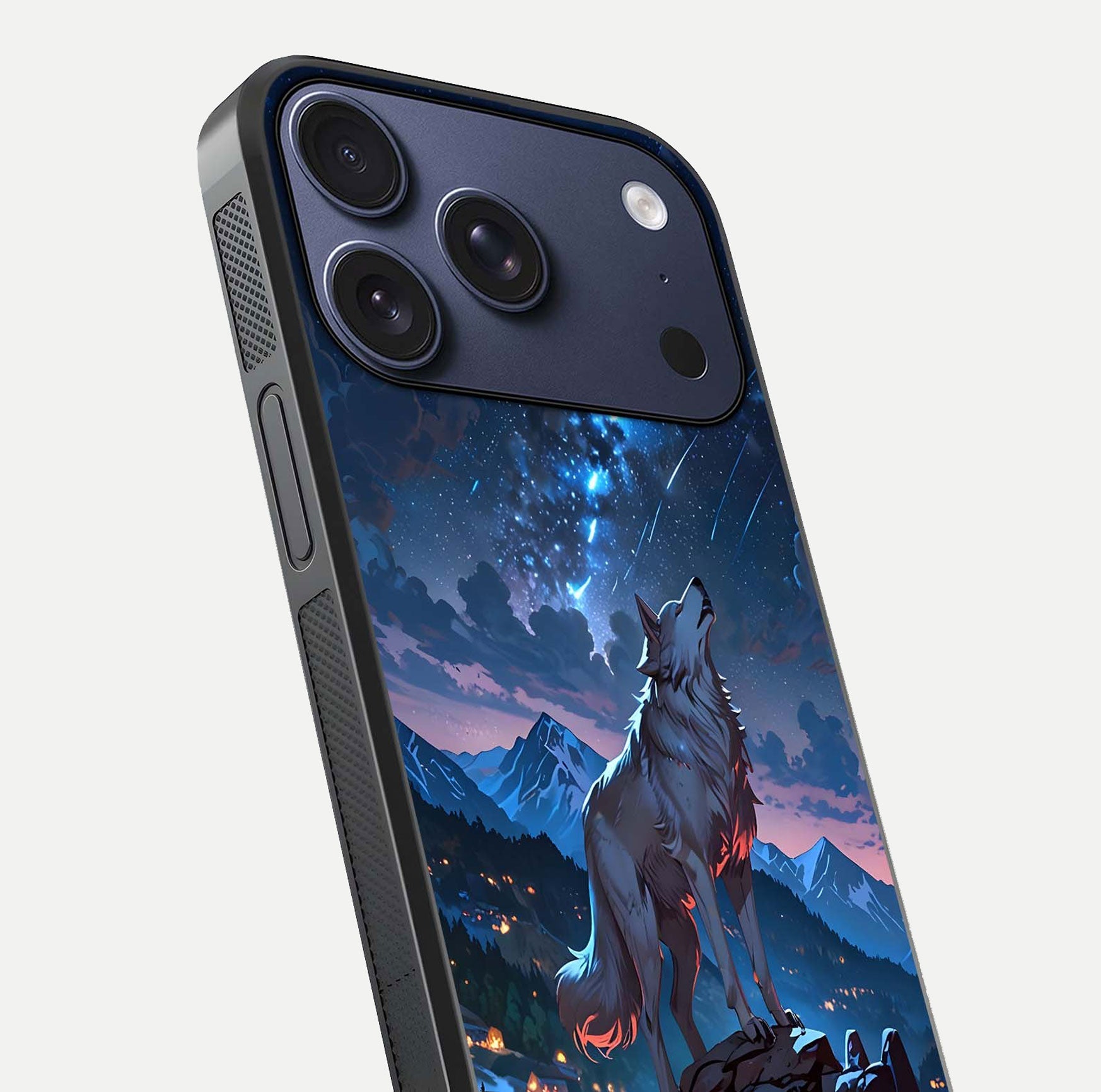 Celestial Wolf Howl Glass Case for iPhone 17 Pro close-up showing wolf silhouette and glowing moon reflection