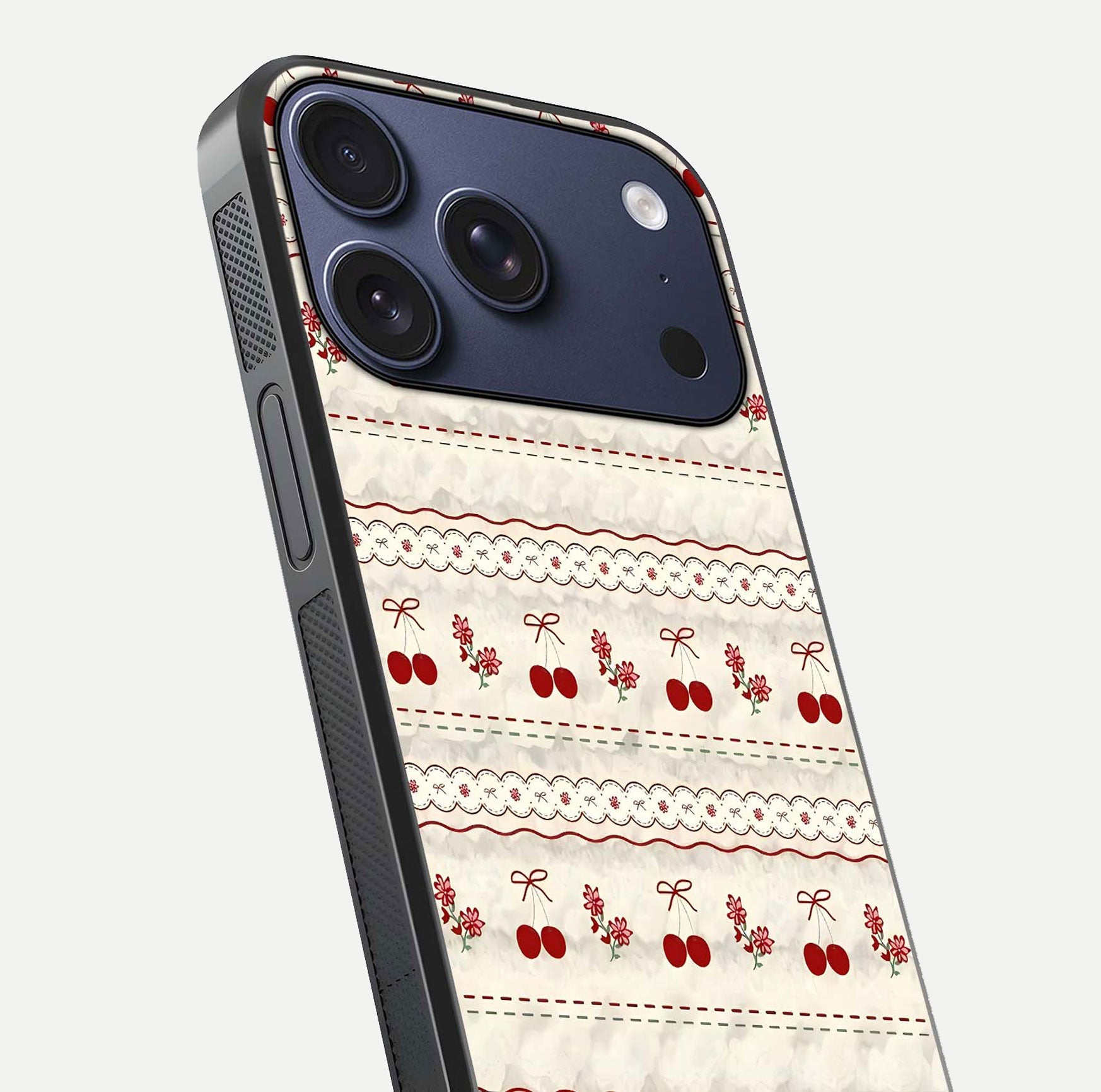 Cherry Bloom Charm Glass Case for iPhone 17 Pro close-up showing pink petals and reflection detail