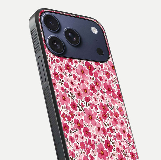 Cherry Blossom Charm Glass Case for iPhone 17 Pro close-up highlighting petal gradient and reflection shine