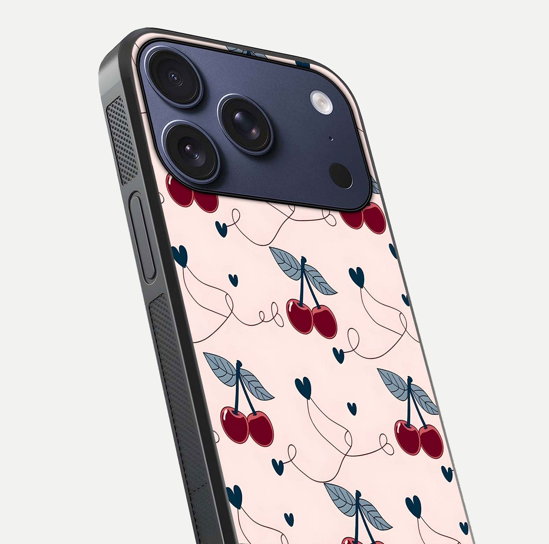 Cherry Heart Line Glass Case for iPhone 17 Pro close-up showing heart outline and HD reflection gloss
