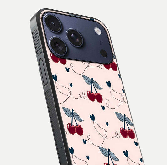 Cherry Heart Line Glass Case for iPhone 17 Pro close-up showing heart outline and HD reflection gloss